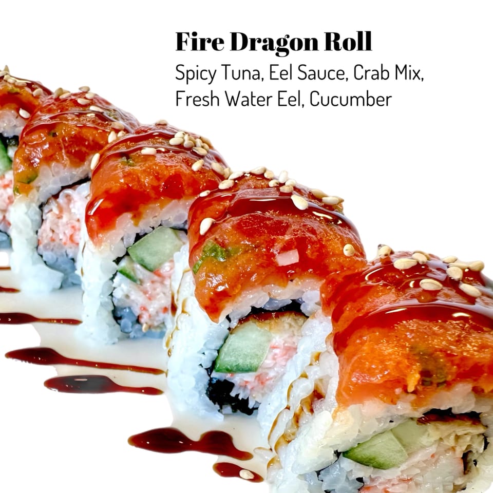 Close-up of a Fire Dragon Roll with spicy tuna, eel sauce, crab mix, and cucumber.
